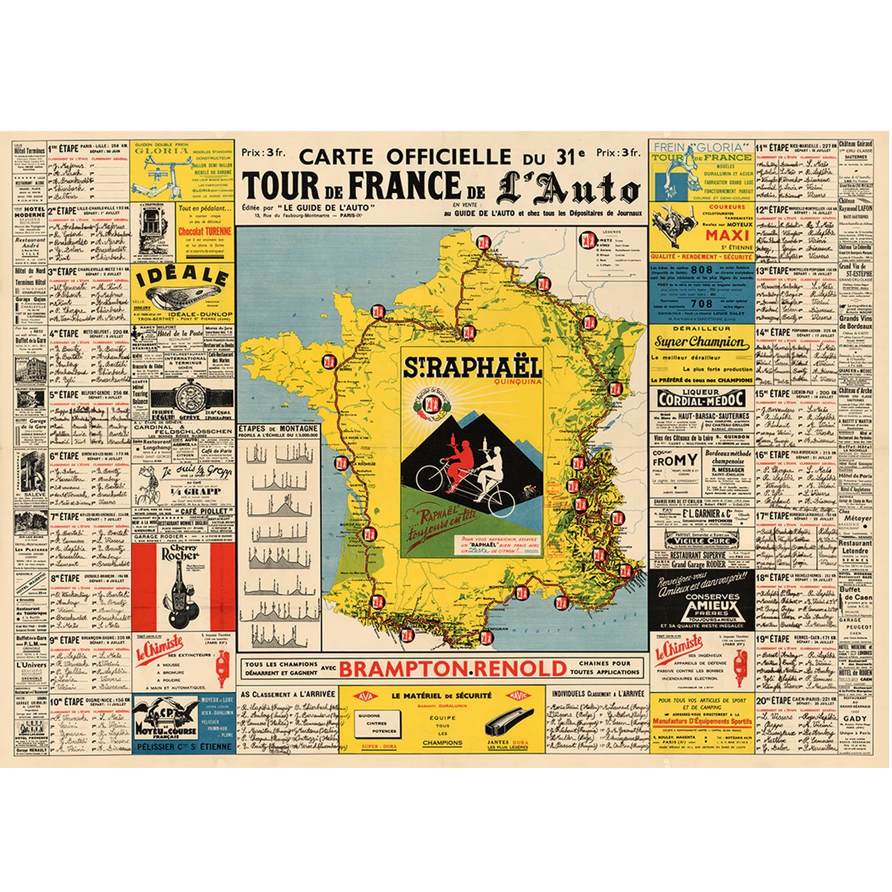 1937 Tour de France (TDF) Route Map Poster 30" x 20"