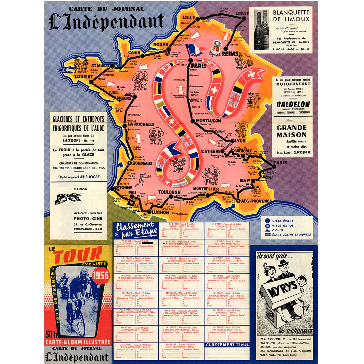 1956 Tour de France (TDF) Route Map Poster 18" x 24"