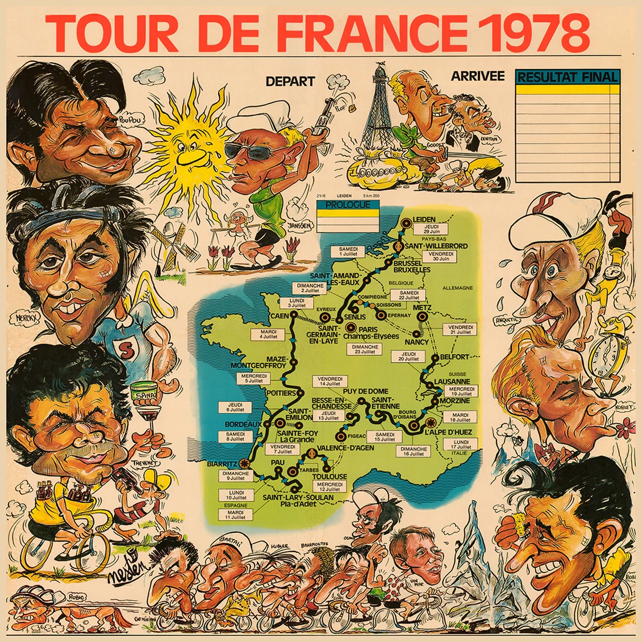 1978 Tour de France (TDF) Route Map & Caricatures Poster