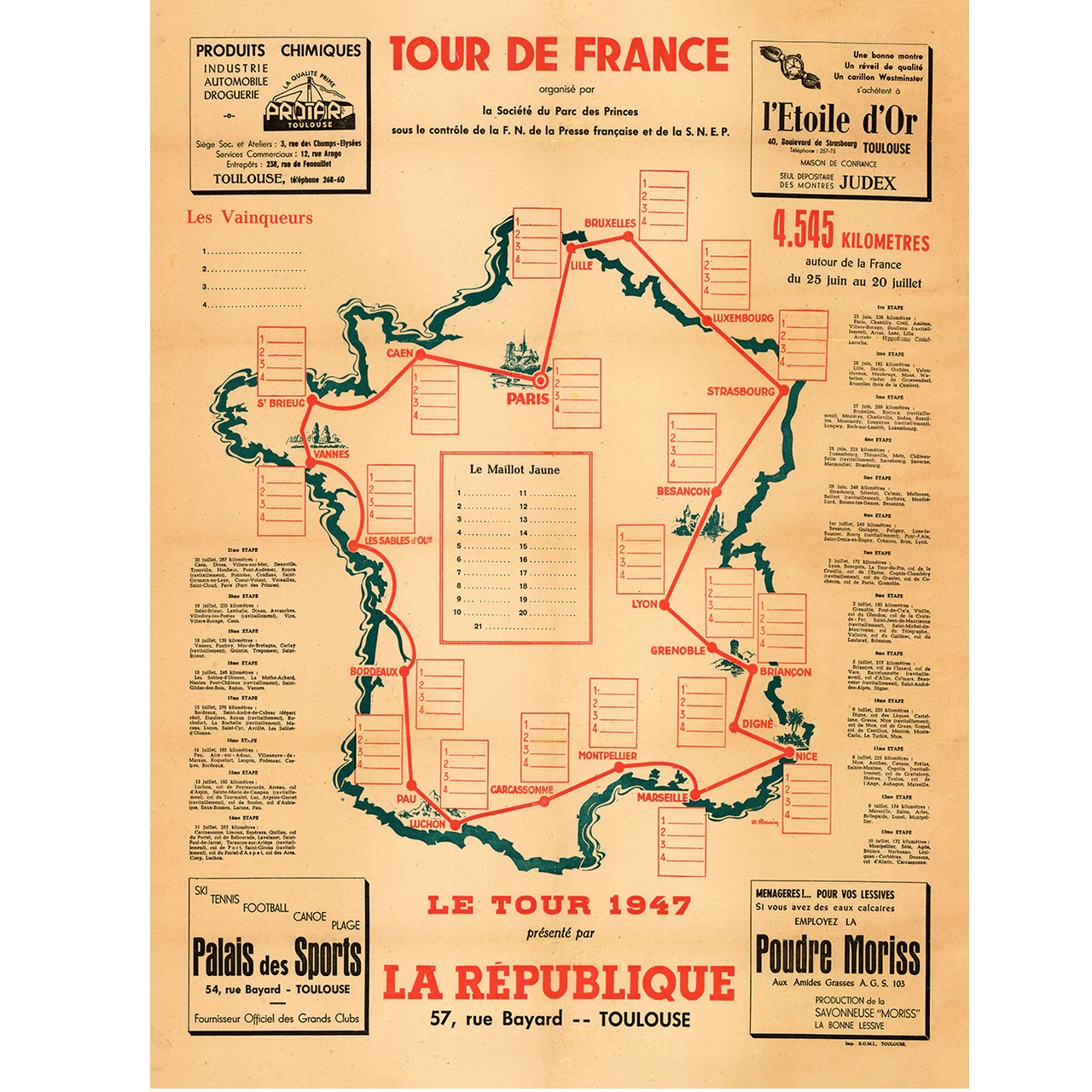 1947 Tour de France (TDF) Route Map Poster 18" x 24"