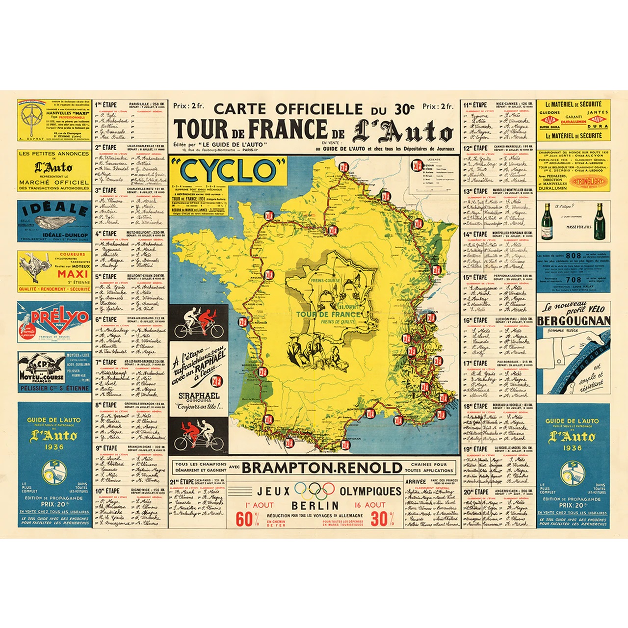 1936 Tour de France (TDF) Route Map Poster 42" x 30"