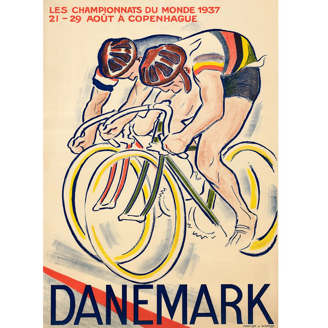 1937 World Championships Denmark Bicycle racing Poster vintage bicycle art