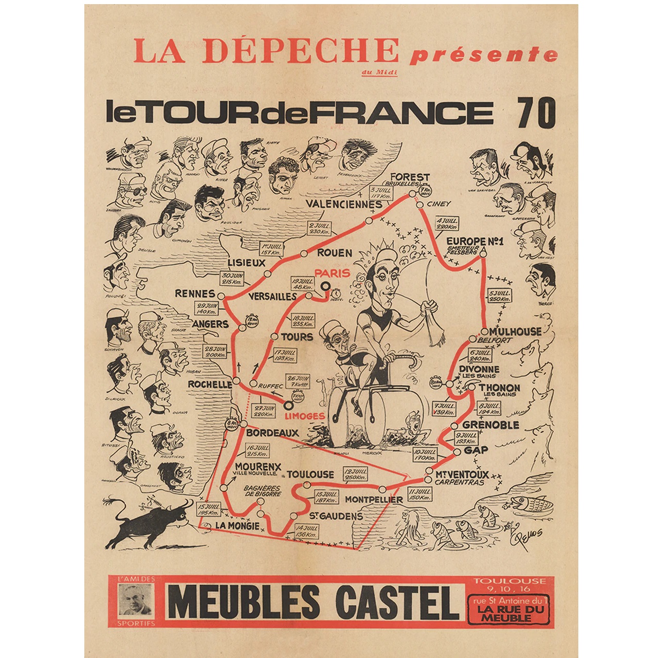 1970 Tour de France (TDF) Route Map Poster 18" x 24"