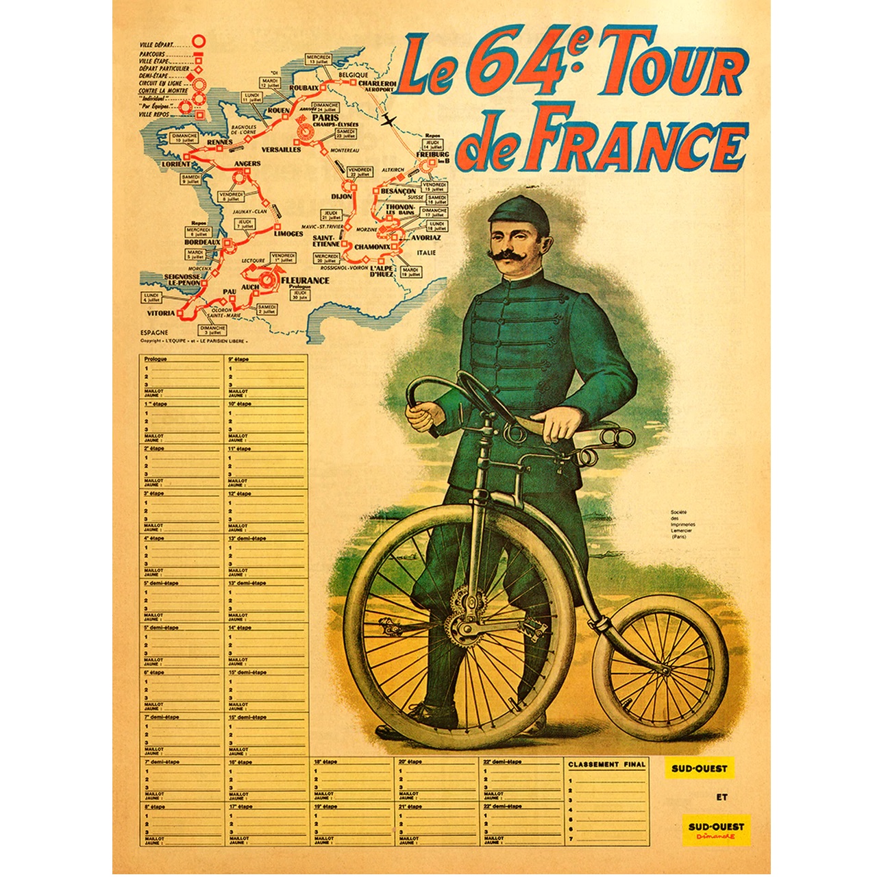 1964 Tour de France (TDF) Route Map Poster 18" x 24"