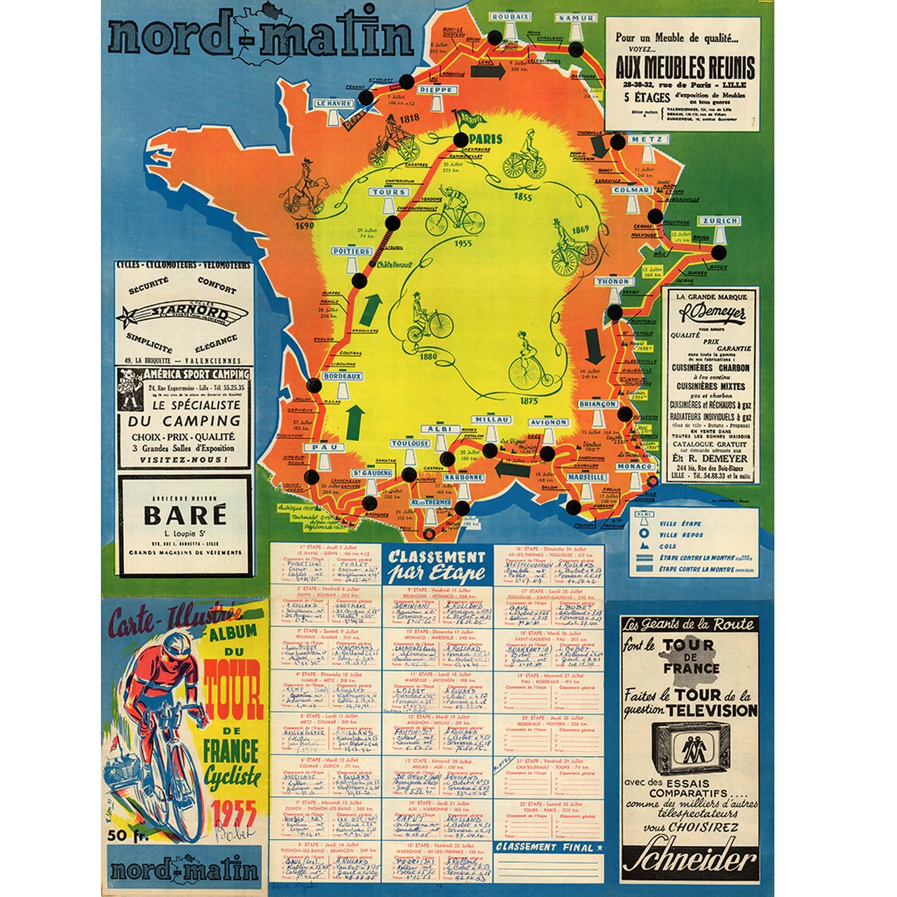 1955 Tour de France Map - nord-matin (TDF) Route Map Poster 18" x 24"