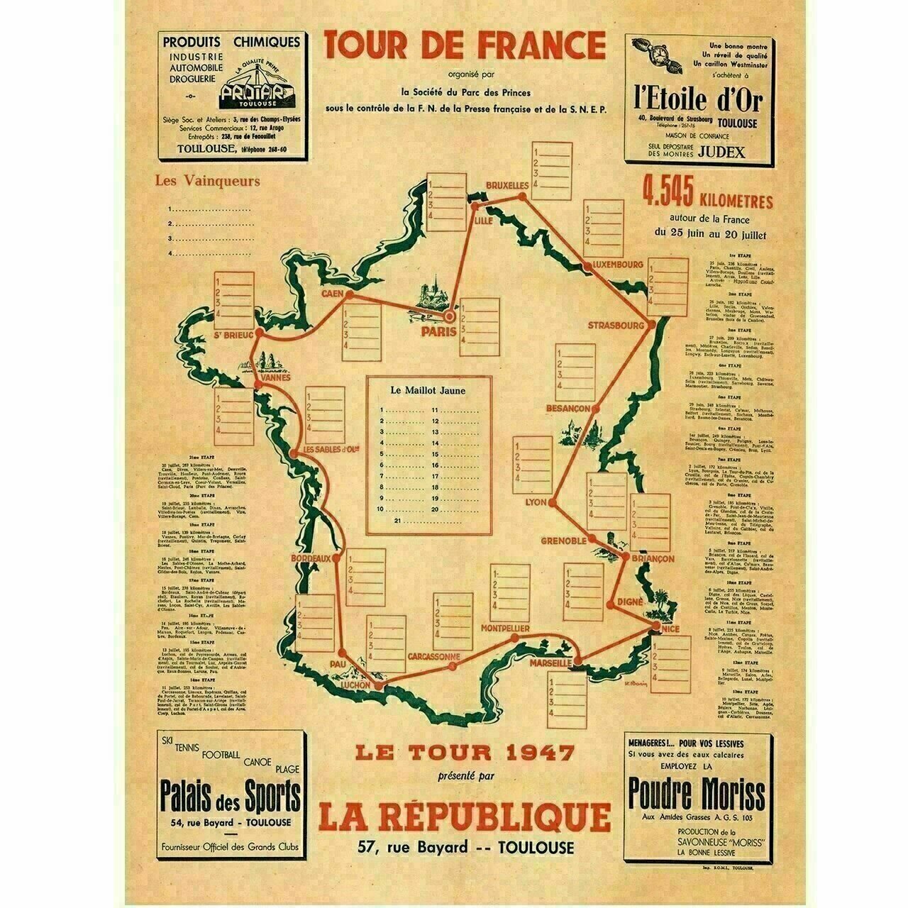 Cycling Poster 1947 Tour de France (TDF) Route Map Poster 18" x 24"