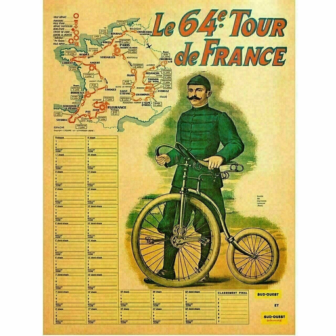 Cycling Poster 1964 Tour de France (TDF) Route Map Poster 18" x 24"