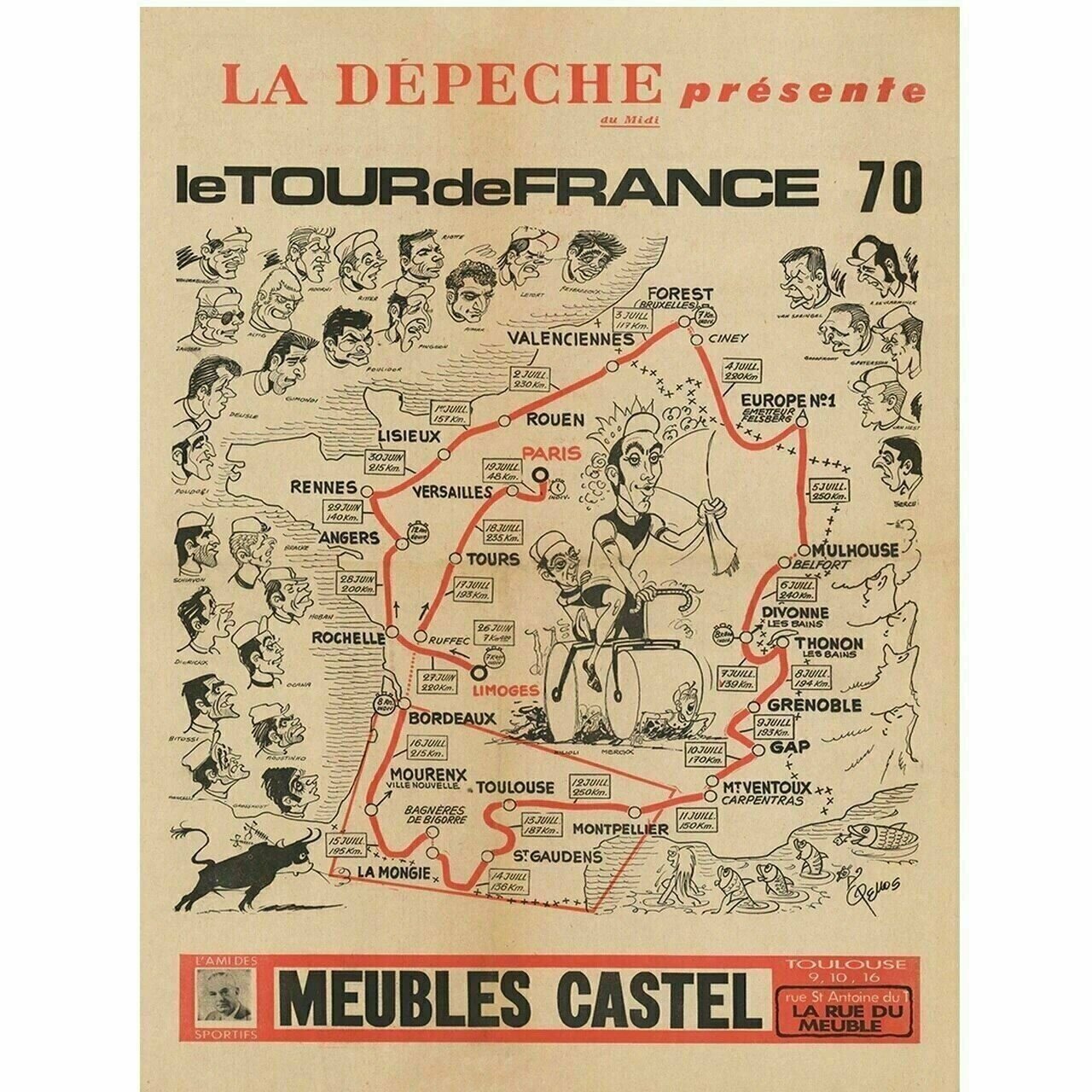 Cycling Poster 1970 Tour de France (TDF) Route Map Poster 18" x 24"