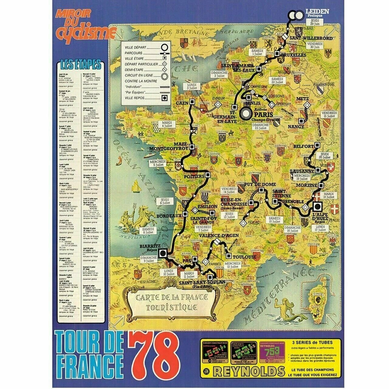 Cycling Poster 1978 Tour de France (TDF) Route Map Poster 18" x 24"