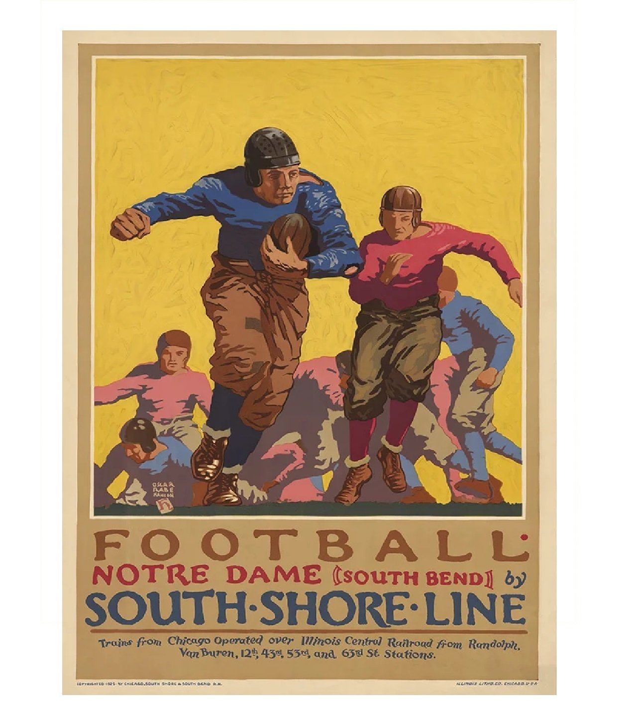 Football Notre Dame South Shore Line Vintage Railroad Travel Poster  c.1926 Reproduction