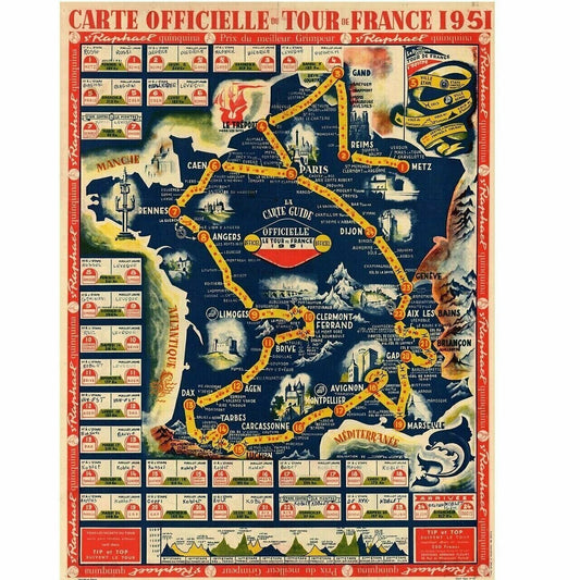 Cycling Poster 1951 Tour de France (TDF) Route Map Poster 18" x 24"