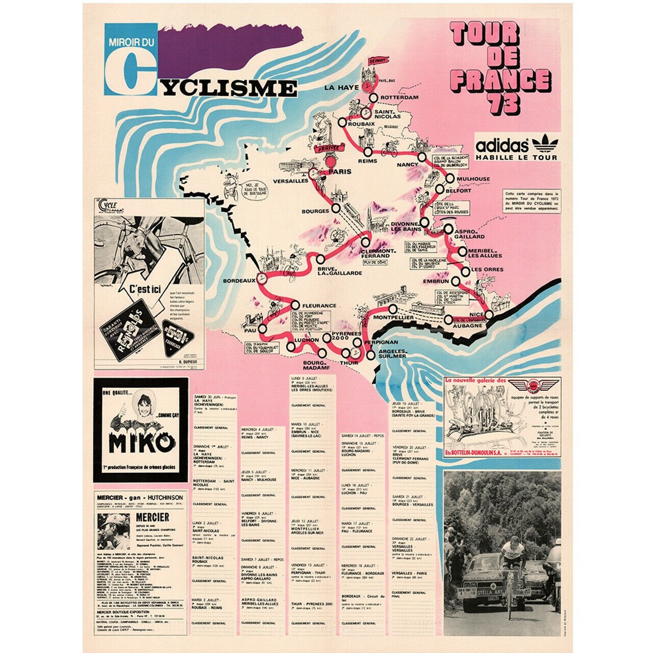 Cycling Poster 1973 Tour de France (TDF) Route Map Poster 18" x 24"