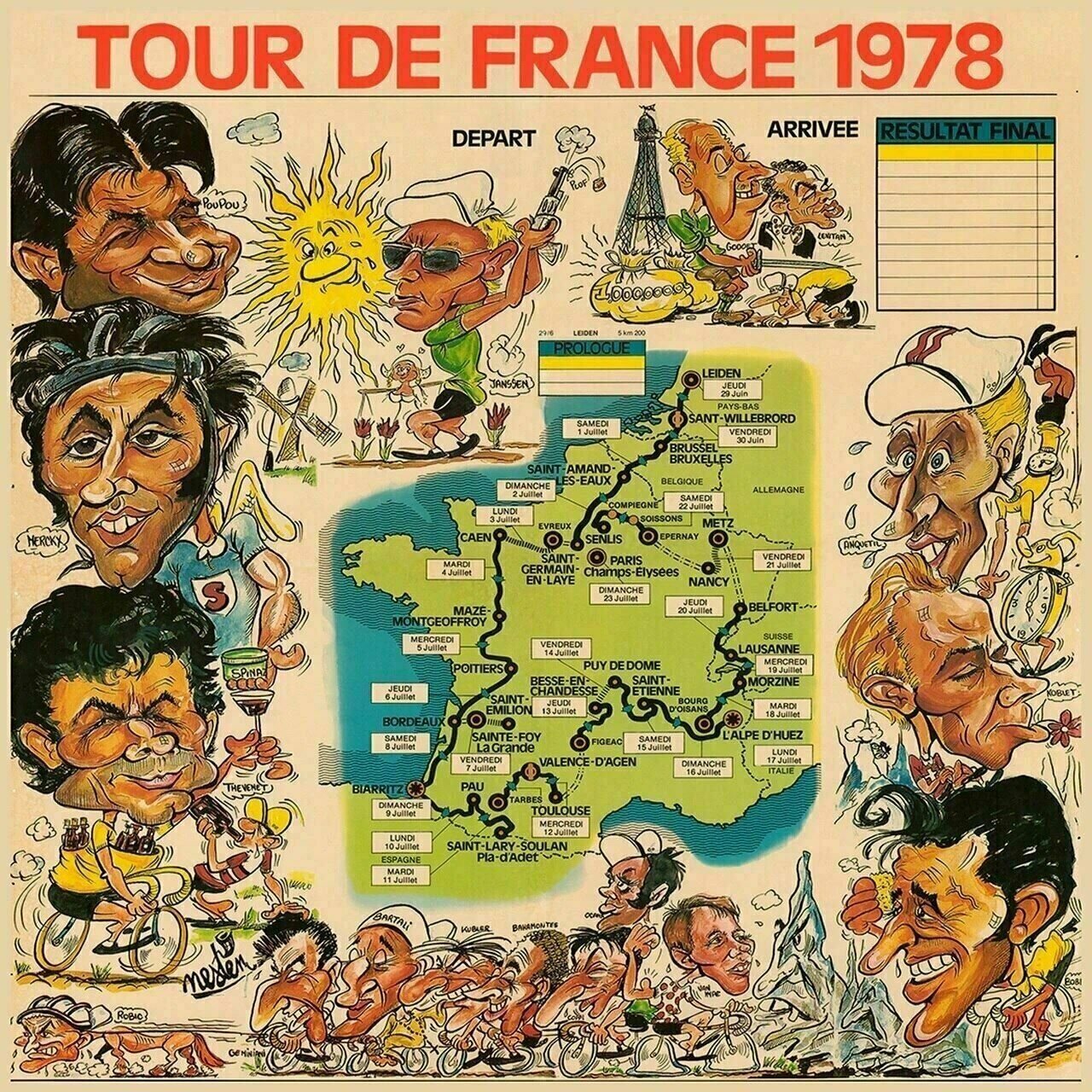 Cycling Poster 1978 Tour de France (TDF) Route Map & Caricatures Poster