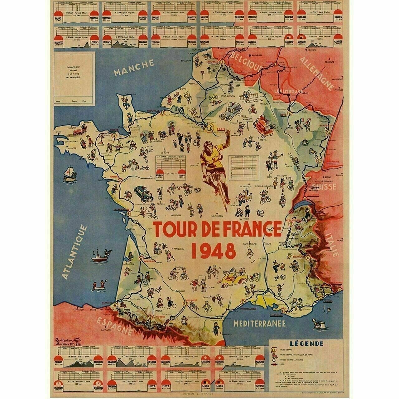 Cycling Poster 1948 Tour de France (TDF) Route Map Poster 18" x 24"