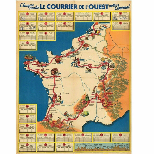 Cycling Poster 1954 Tour de France (TDF) Route Map Poster 18" x 24"