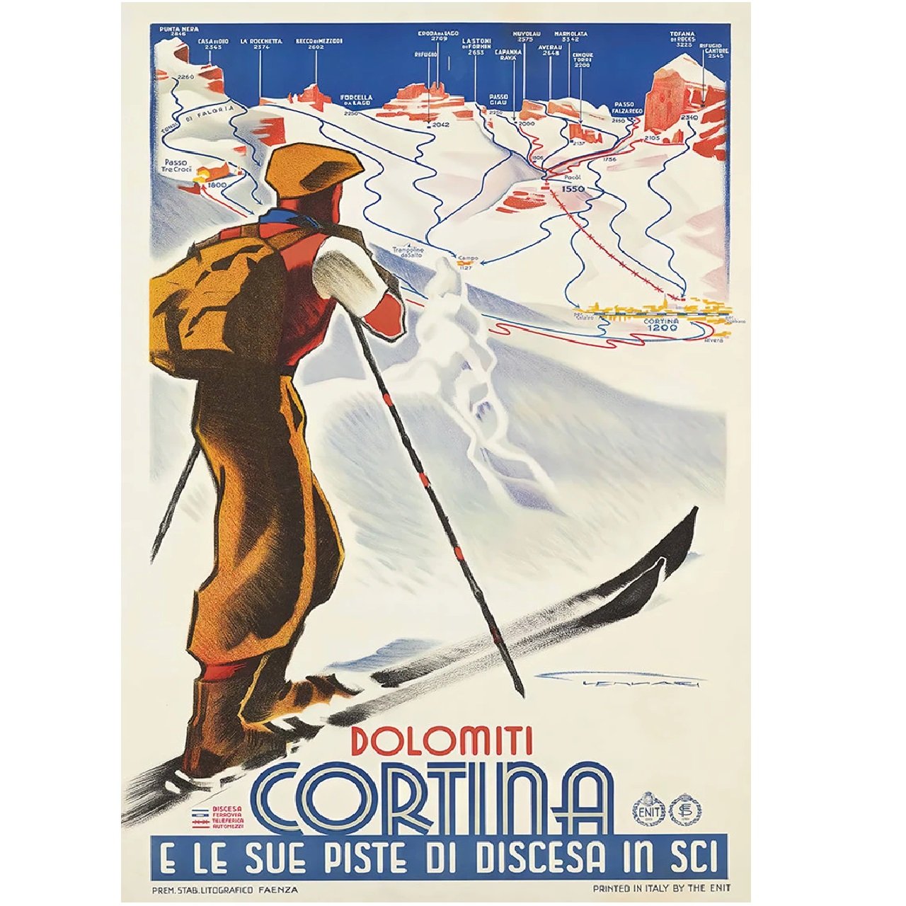 Cortina Italian Winter Skiing Travel Poster Reproduction