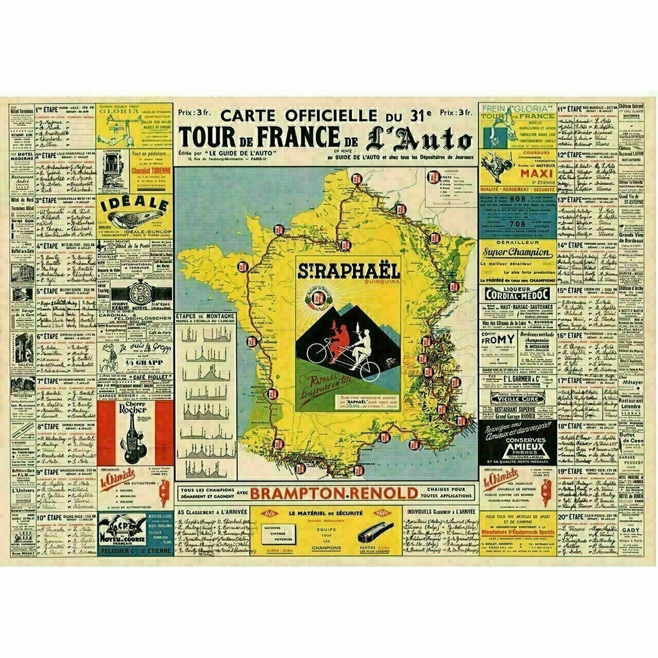 Cycling Poster 1937 Tour de France (TDF) Route Map Poster 42" x 30"