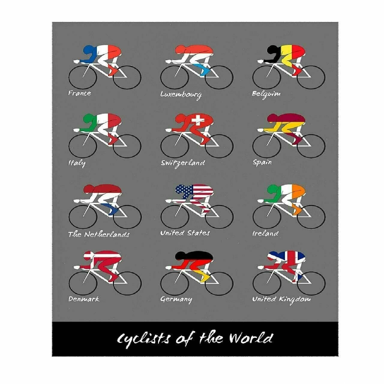 Cycling Poster Cyclists of the World counties that won Tour de France 24" x 36"