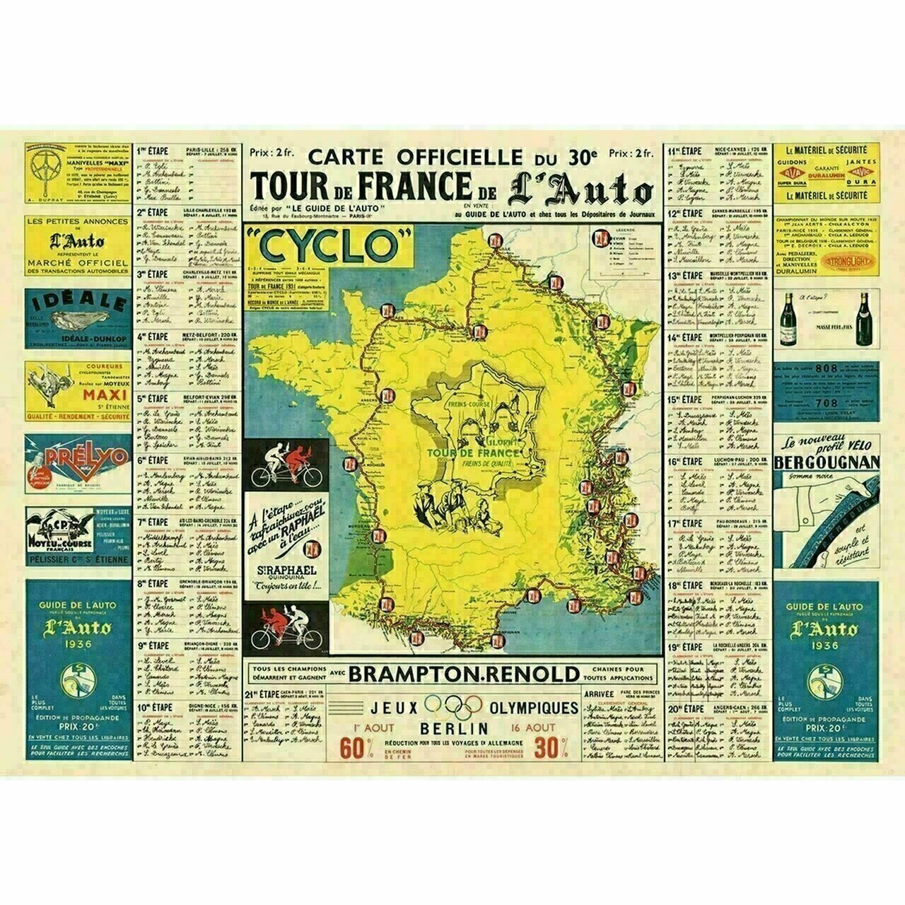 Cycling Poster 1936 Tour de France (TDF) Route Map Poster 42" x 30"