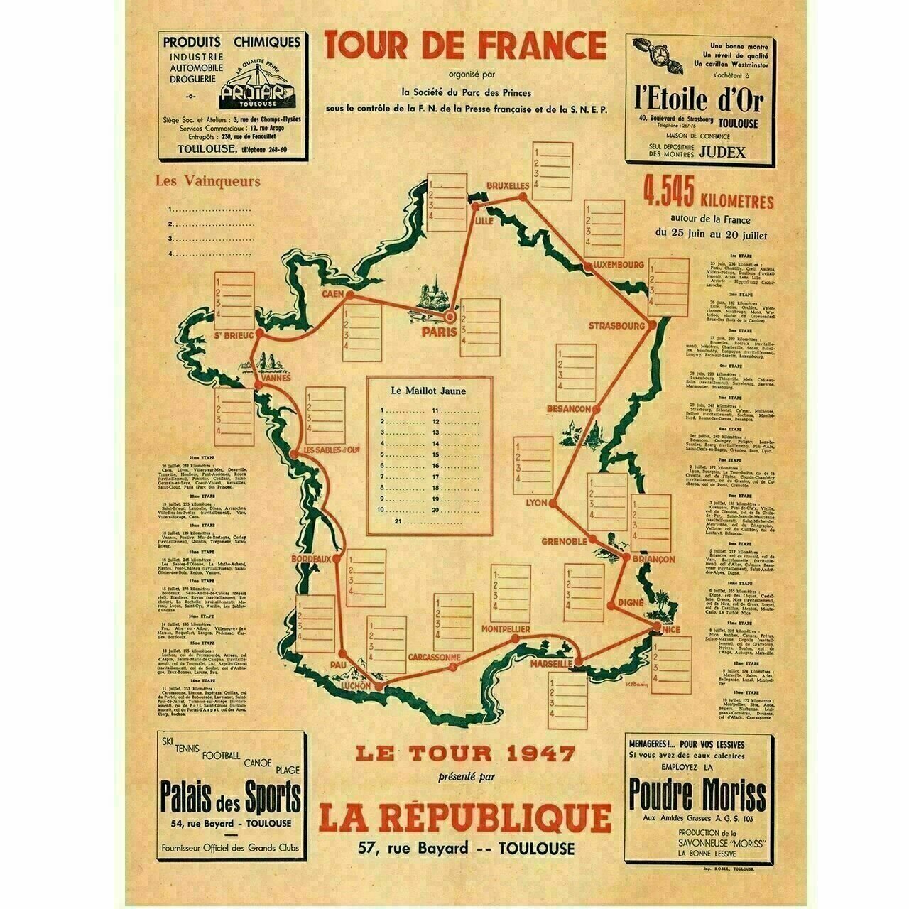 Cycling Poster 1947 Tour de France (TDF) Route Map Poster 18" x 24"