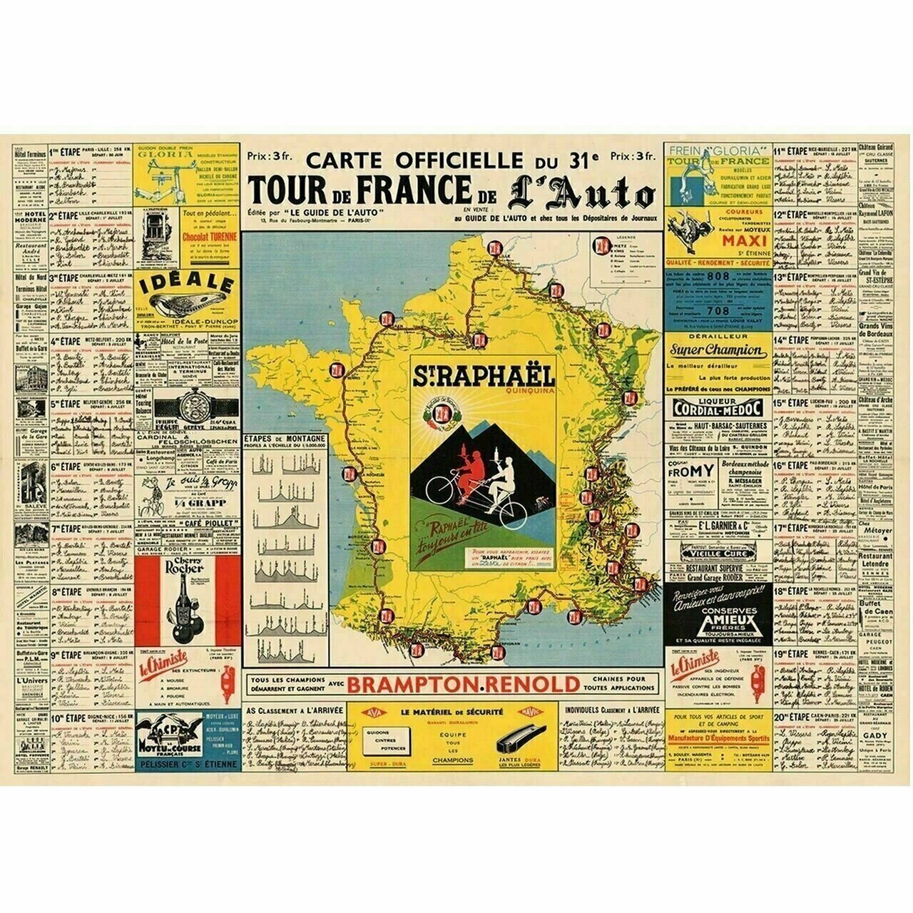 Cycling Poster 1937 Tour de France (TDF) Route Map Poster 30" x 20"