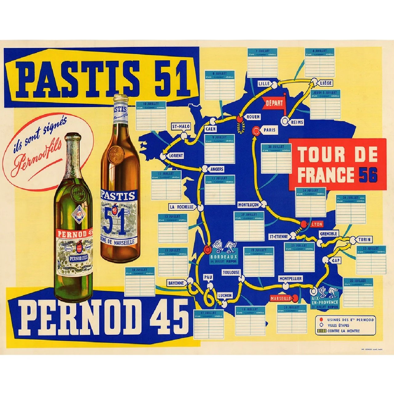 1956 Tour de France Map Poster - Special Edition Pastis 51 Vintage Bicycle Poster 24" x 36"