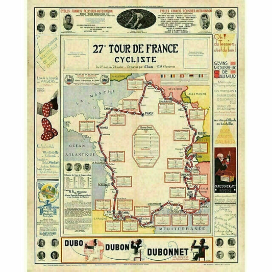 Cycling Poster 1933 Tour de France (TDF) Route Map Poster 24" x 30"