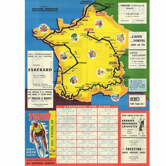 Cycling Poster 1960 Tour de France (TDF) Route Map Poster 18" x 24"