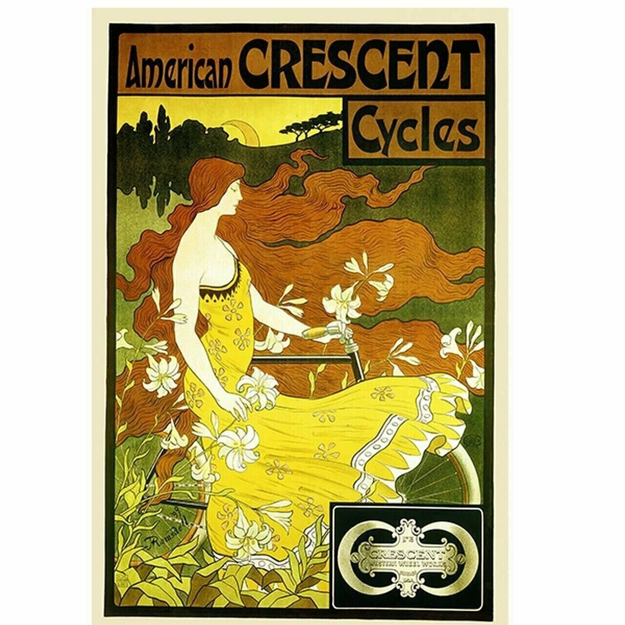 Cycling Poster American Crescent Vintage Bicycling Art Poster Frederick Ramsdell