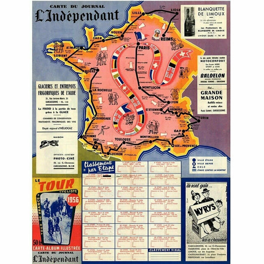 Cycling Poster 1956 Tour de France (TDF) Route Map Poster 18" x 24"