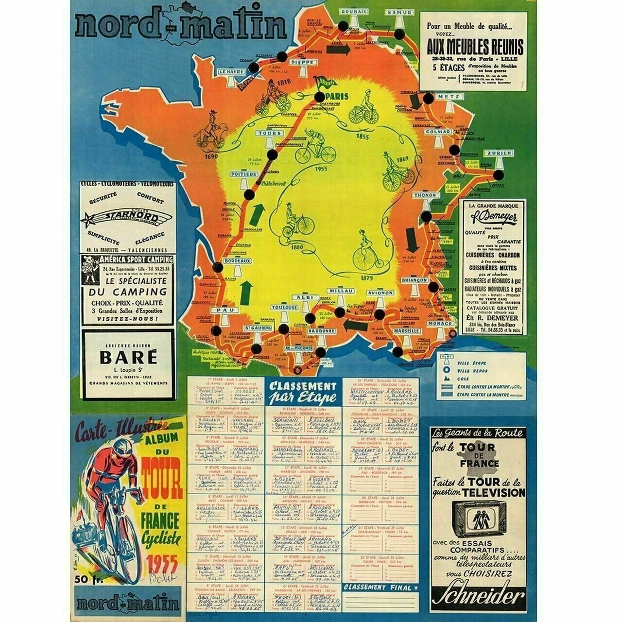 Cycling Poster 1955 Tour de France Map - nord-matin (TDF) Route Map 18" x 24"